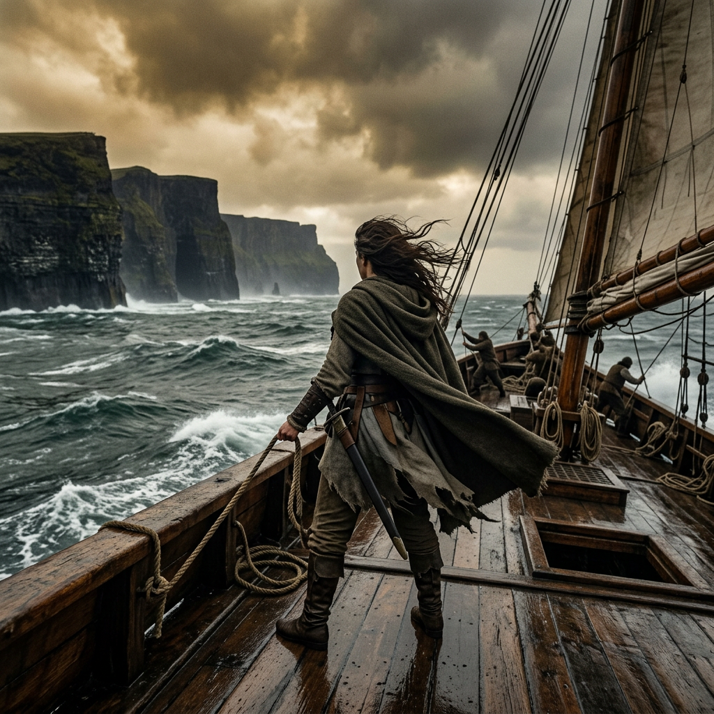 Cloaked sailor aboard a wooden ship near towering sea cliffs